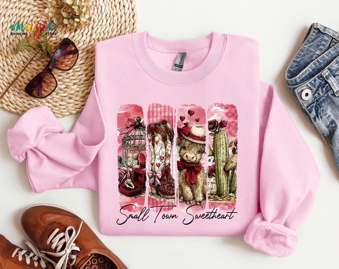 Retro Small Town Valentine Sweatshirt, Highland Cow Sweater, Sweetheart Hoodie, Valentines Day Gift