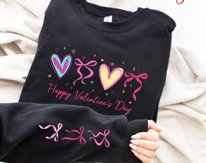 Valentine Hearts and Bows Sweatshirt, Happy Valentine’s Day Sweater, Girly Aesthetic Valentine Gift