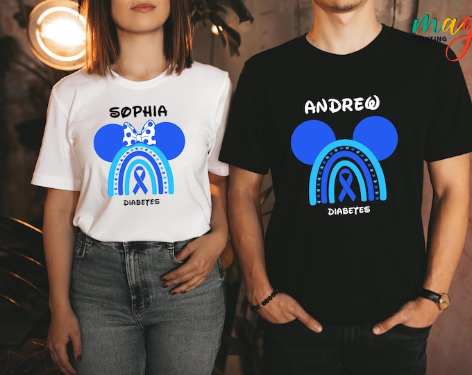 Custom Name Disney Diabetes Awareness Shirt,We Wear Blue Shirt, Mouse Blue Ribbon Shirt, Disney Type 1 Era Tee, Disney Diabetes Shirt