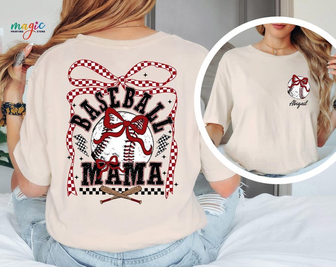 Custom Name Baseball Mama Shirt, Retro Checkered Baseball Tee,  Personalized Coquette Bow Baseball Tshirt, Baseball Game Day Gift