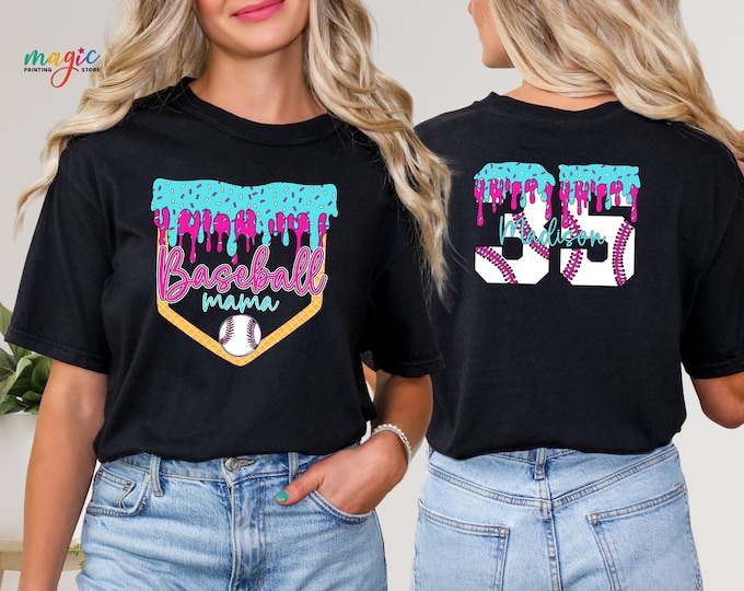 Custom Baseball Mama Drip Shirt, Personalized Baseball Number Drip Shirt,Baseball Ice Cream Drip Tee, Baseball Mom Tee,Game Day Baseball Tee