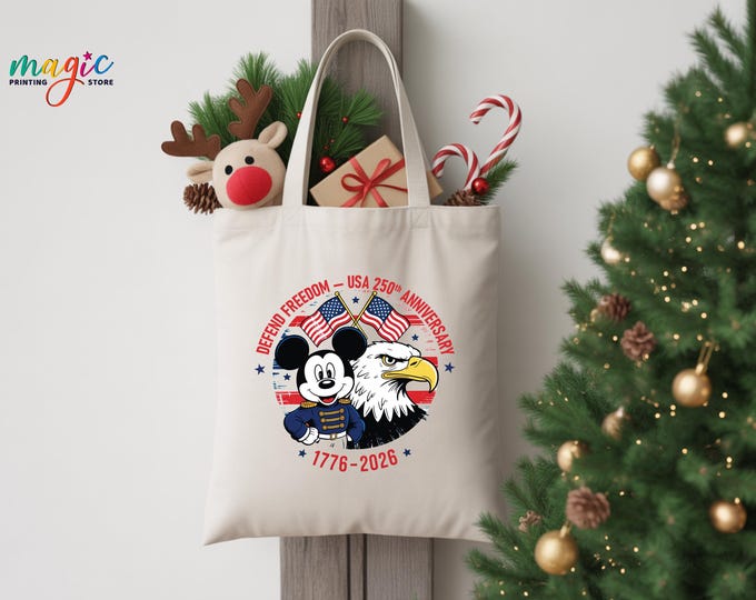Patriotic Mickey and Eagle Tote Bag, Military Veteran Day Gift, Disneyland Trip Shoulder Bag, Usa Flag Canvas Bag