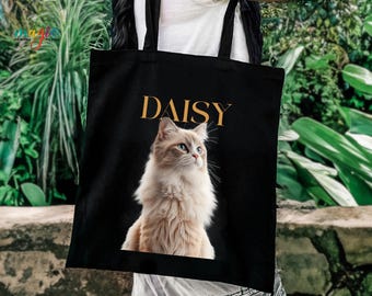 Custom Pet Photo Tote Bag, Cat Dog Portrait Canvas Bag, Pet Loss Memorial Gift