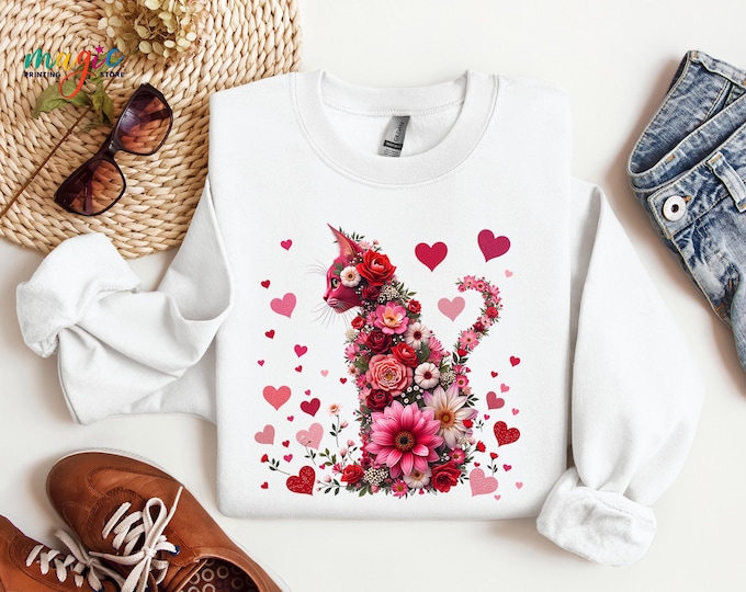 Floral Cat Sweatshirt, Cat Lover Gift for Women, Wildflower Pet Hoodie, Valentines Day Sweater