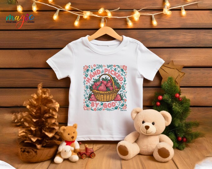 Hand Picked By God Strawberry Shirt, Summer T-Shirt, Strawberry Kids T-Shirt, Christian Shirt, Cute Strawberry T-Shirts, Christian Gifts