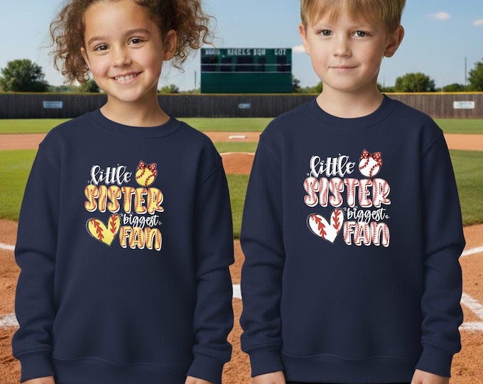 Little Sister Biggest Fan Sweatshirt, Gifts for Kids, Baseball Sister Shirt, Softball Sister T-shirt, Game Day Sweater