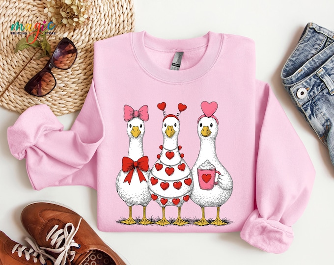 Valentines Day Goose Sweatshirt, Love Hearts Shirt, Funny Animal Lover Gift, Women Hoodie, Girlfriend Sweater