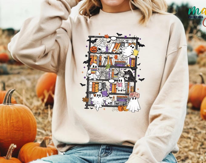 Retro Halloween Bookshelf Sweatshirt, Halloween Bookish Sweater, Ghost Reading Hoodie, Halloween Gift for Librarian, Halloween Costume