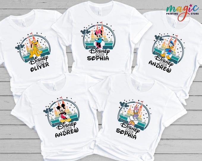 Custom Name Disney Trip Shirt, Disney Characters Vacation Shirt, Family Matching Disney Tee, Magical Castle Shirt