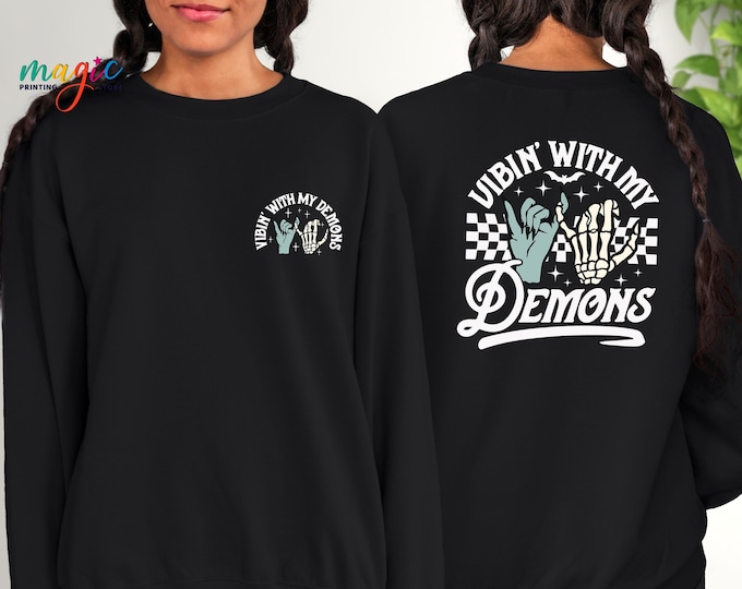 Vibin With My Demons Sweatshirt, Skeleton Peace Sweater, Retro Halloween Hoodie, Front and Back Halloween Sweatshirt, Spooky Season Hoodie