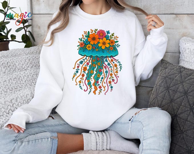 Floral Jellyfish Sweatshirt, Cute Ocean Sweater, Flower Jellyfish, Sea Life Sweatshirt, Trendy Mama Sweatshirt, Gift for Woman, Groovy Shirt