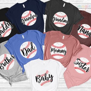 May include: Set of ten baseball-themed t-shirts in various colors with different family member titles printed on each shirt. The shirts feature a white baseball with red stitching and a distressed look.