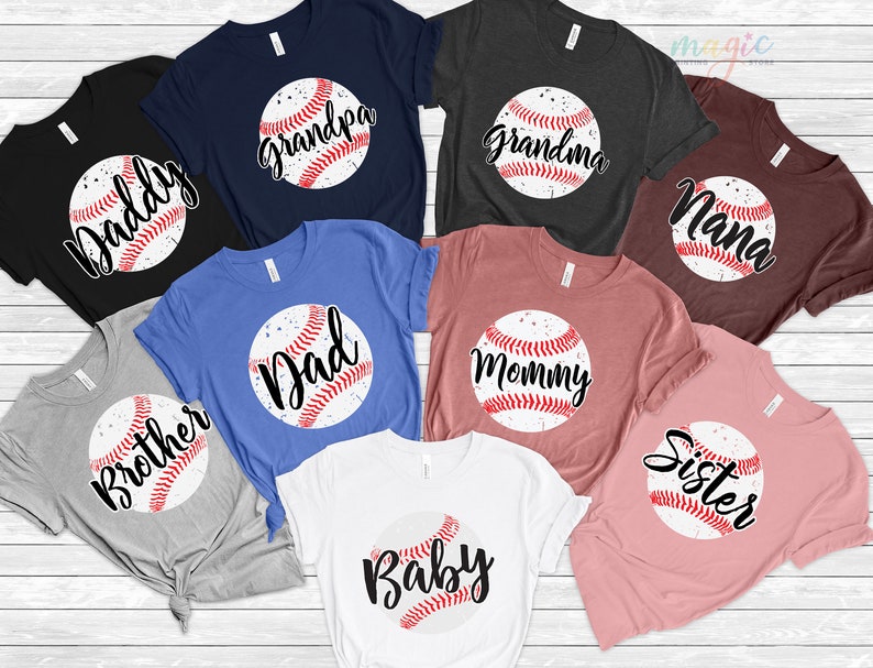 May include: Set of ten baseball-themed t-shirts in various colors with different family member titles printed on each shirt. The shirts feature a white baseball with red stitching and a distressed look.