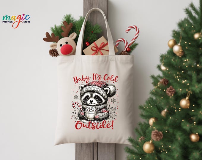 Baby It's Cold Outside Raccoon Tote Bag, Christmas Canvas Bag, Animal Winter Holiday Decor, Winter Gift