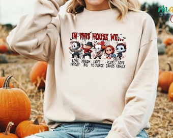 Horror Characters Halloween Sweatshirt, Spooky Season Hoodie, Horror House Party Sweater