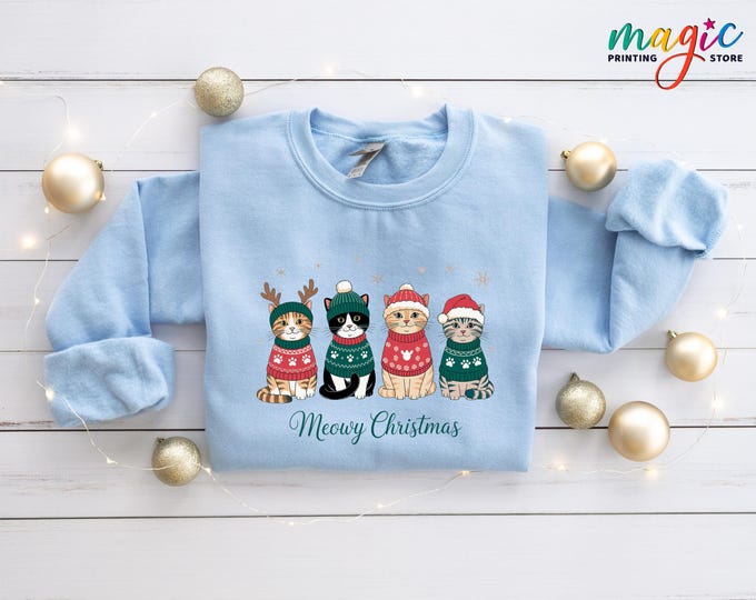 Meowy Christmas Sweatshirt, Christmas Cat Hoodie, Funny Holiday Shirt, Cat Lover Gift, Cute Xmas Sweater