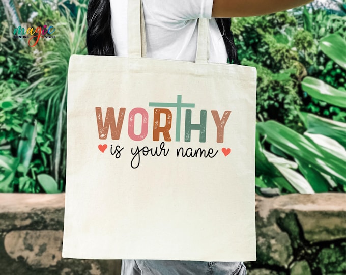 Worthy Is Your Name Bag, Retro Christian Tote Bag, Religious Bag Gift, Spiritual Bag with Cross, Bible Verse Tote