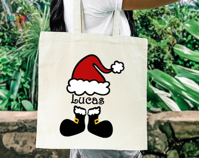 Personalized Santa Hat & Legs Tote Bag, Custom Name Canvas Christmas Shopping Bag, Funny Holiday Gift