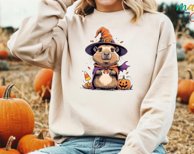 Cute Halloween Capybara Sweatshirt, Spooky Fall Ghost Crewneck, Funny Animal Pullover, Halloween Funny Sweatshirt,  Halloween Gift