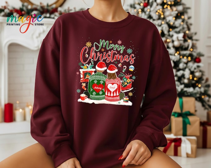 Custom Christmas Couple Sweatshirt, Personalized Couple Name Shirt, Family Matching Christmas Hoodie, Xmas Party Gift