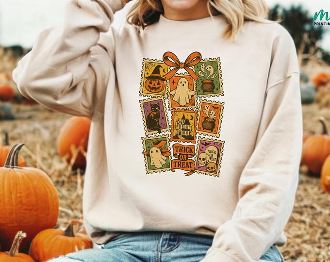 Vintage Halloween Cat Ghost Sweatshirt, Funny Halloween Sweater, Preppy Fall Hoodie, Trendy Spooky Season Sweatshirt, Halloween Gift
