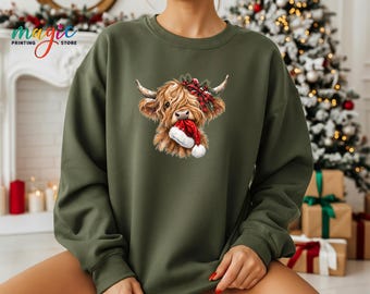 Santa Hat Highland Cow Sweatshirt, Pink Country Christmas Sweater, Farm Animal Xmas Gift
