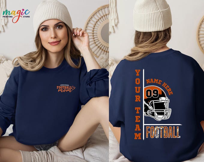 Custom Name Football Mom Sweatshirt, Personalized Football Sweater, Football Name and Number Hoodie, Game Day Football Sweatshirt