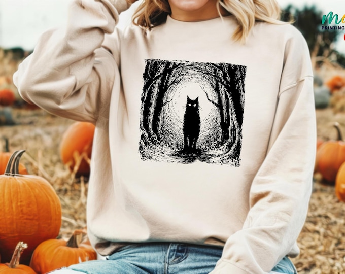 Halloween Black Cat Sweatshirt, Ghost Cat Sweater, Horror Halloween Sweatshirt, Spooky Season Sweatshirt,Cat Lover Sweater, Halloween Gift