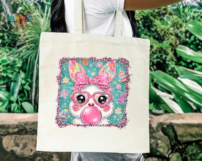 Coquette Easter Bunny Tote Bag, Bunny Bubblegum Bag, Happy Easter Day Bag, Girls Easter Gift, Funny Easter Tote