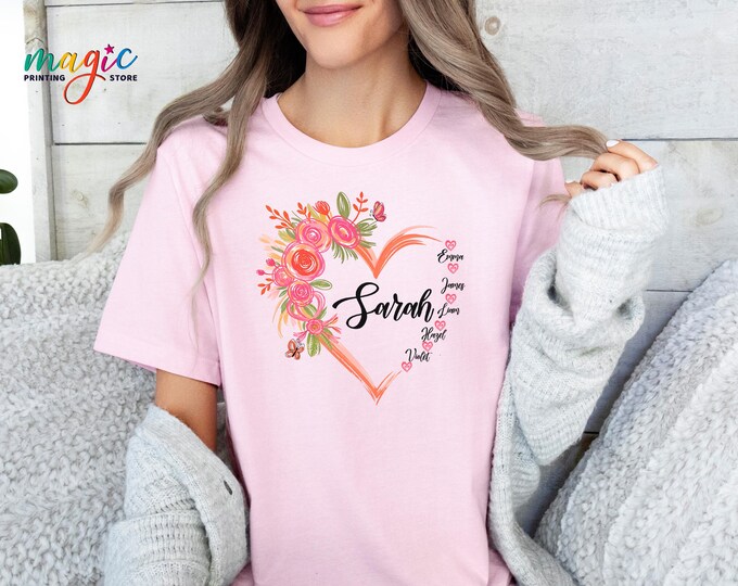 Custom Floral Mama Heart With Kids Name Shirt, Personalized Mothers Day Tshirt, Aesthetic Mom Gift