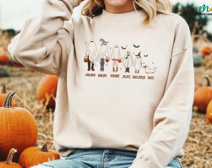Personalized Family Halloween Sweatshirt, Custom Name Ghost Family Sweater, Halloween Spooky Family Sweatshirt, Halloween Costume Hoodie