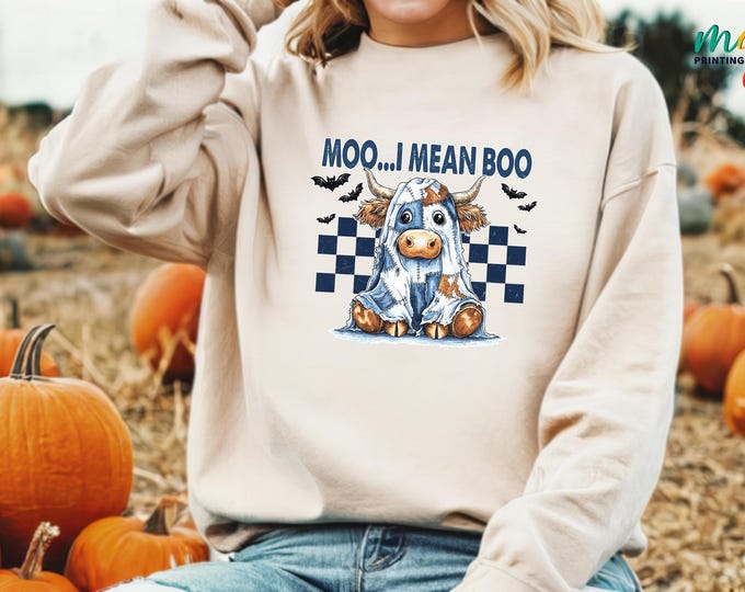 Blue Denim Boo Cow Halloween Sweatshirt, Retro Moo I Mean Boo Sweater, Patchwork Halloween Cow Hoodie, Ghost Cow Sweater, Western Halloween