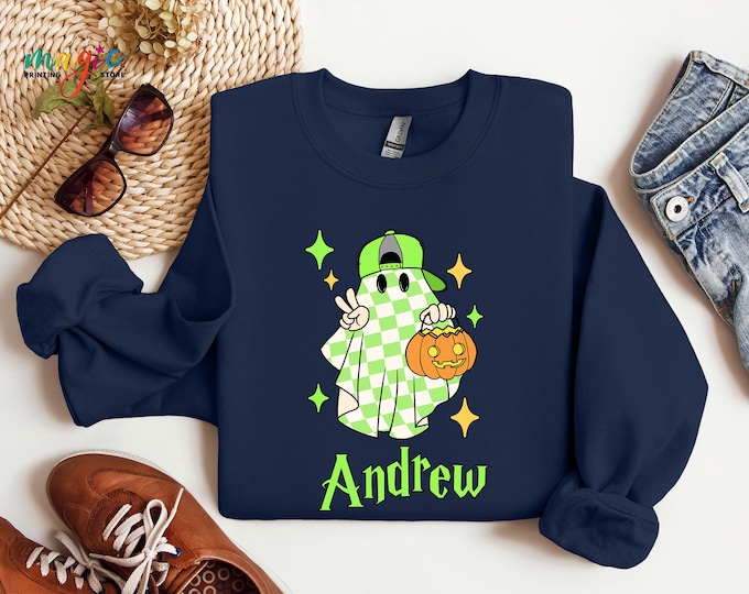 Custom Name Halloween Kids Sweatshirt, Personalized Boo Sweater, Halloween Shirt for Kids, Kids Halloween Ghost Hoodie, Cute Boo Sweatshirt