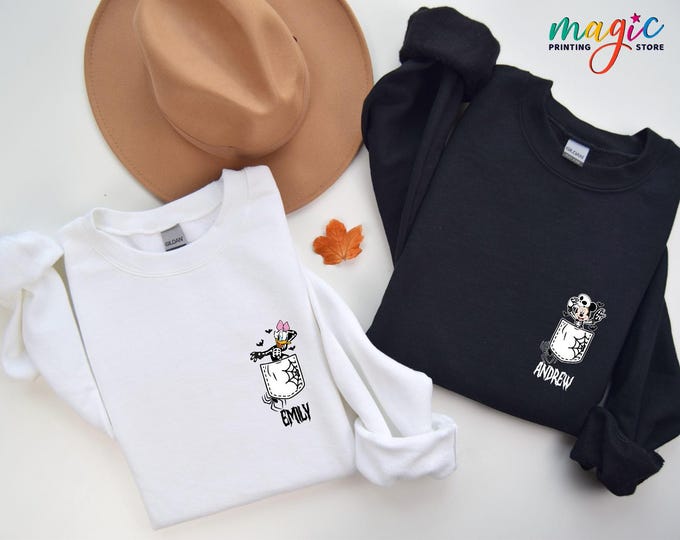 Custom Name Disney Halloween Sweatshirt, Disney Characters Halloween Sweater, Spooky Season Disney Shirt, Halloween Disney Costume Gift