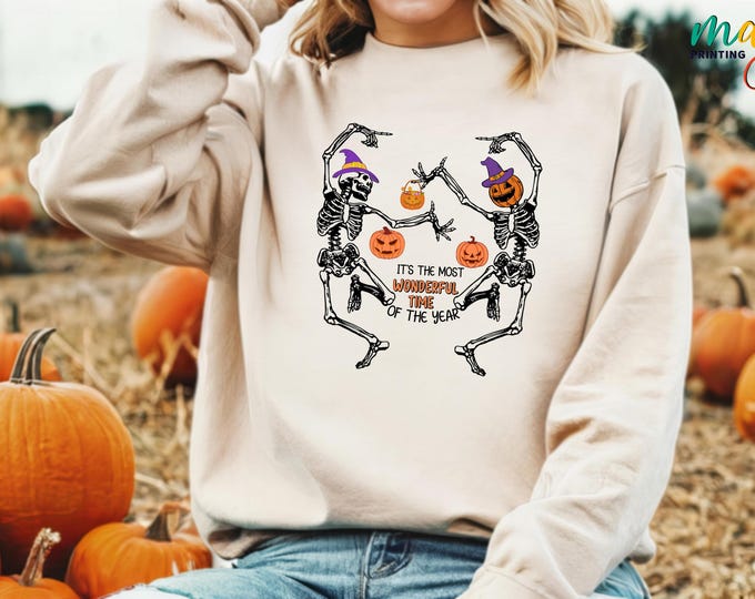 It's the Most Wonderful Time Sweater, Dancing Skeleton Sweatshirt, Halloween Pumpkin Skeleton Sweater, Spooky Season Sweater, Halloween Gift
