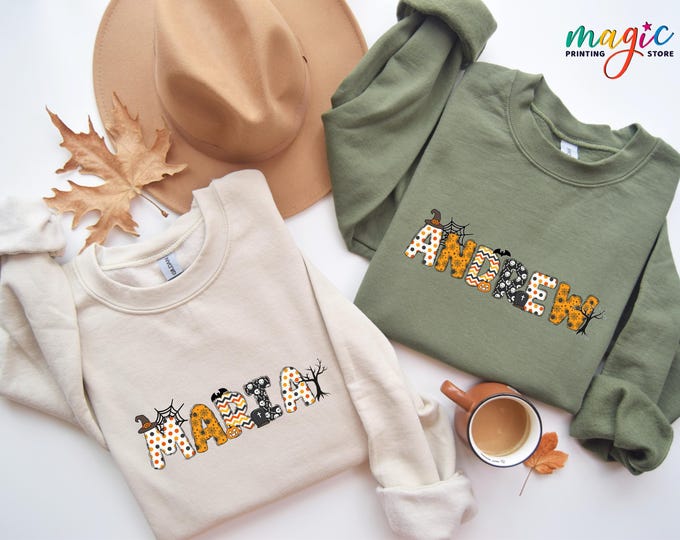 Custom Name Halloween Sweatshirt, Personalized Halloween Alphabet Sweater, Spooky Season Name Sweatshirt, Halloween Shirt for Family