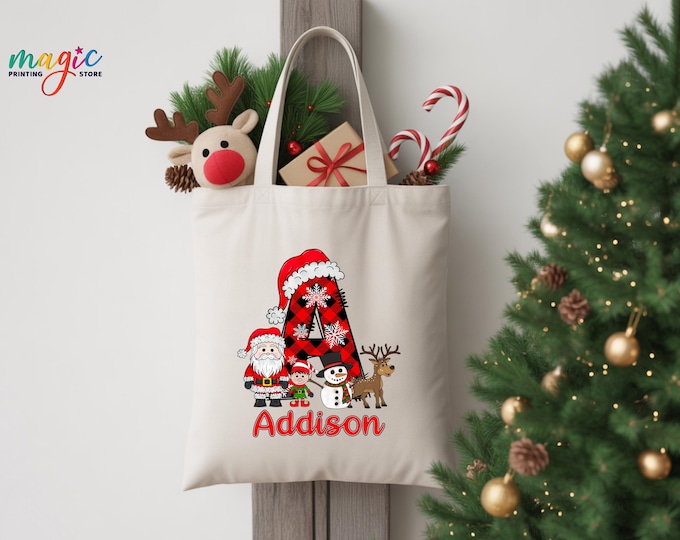 Personalized Christmas Initial Tote Bag, Santa Elf Snowman Reindeer Shopping Bag, Christmas Gift for Her