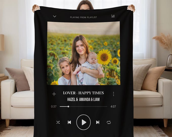 Personalized Song Blanket with Photo, Custom Family Photo Blankets, Blanket with Favorite Music, Memorial Gift for Couple