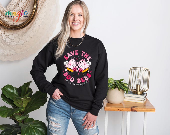 Save The Boo Bees Breast Cancer Sweatshirt, Breast Cancer Awareness Sweater, Halloween Pink Pumpkin Hoodie, We Wear Pink Sweatshirt