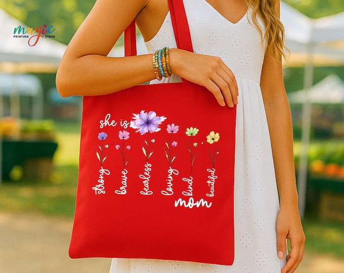 Custom She is Mom Tote Bag, Mother's Day Canvas Tote, Mama Birthday Gift, Gift for Grandma Mom