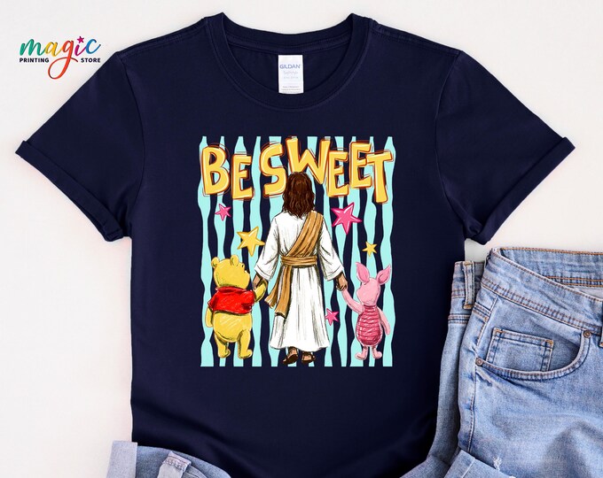 Jesus Be Sweet Shirt, Bear and Friends Christian TShirt, Faith-Based Tee, Summer Cartoon Religious Gift