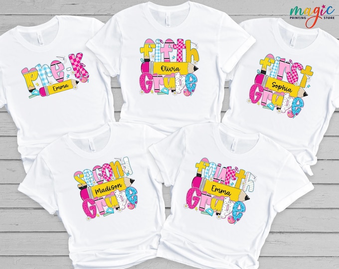 Custom Name School Shirts, Retro Back To School Bundle Shirt, Kindergarten Shirt, Personalized School Shirt, First Day Of School Shirt