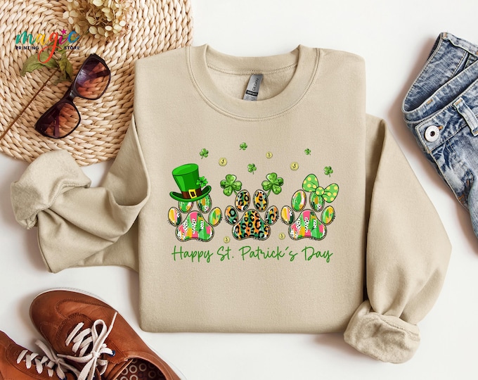 St Patrick’s Day Dog Paw Sweatshirt, İrish Dog Shirt, Shamrock Dog Lover Sweater, St Paddys Day Gift