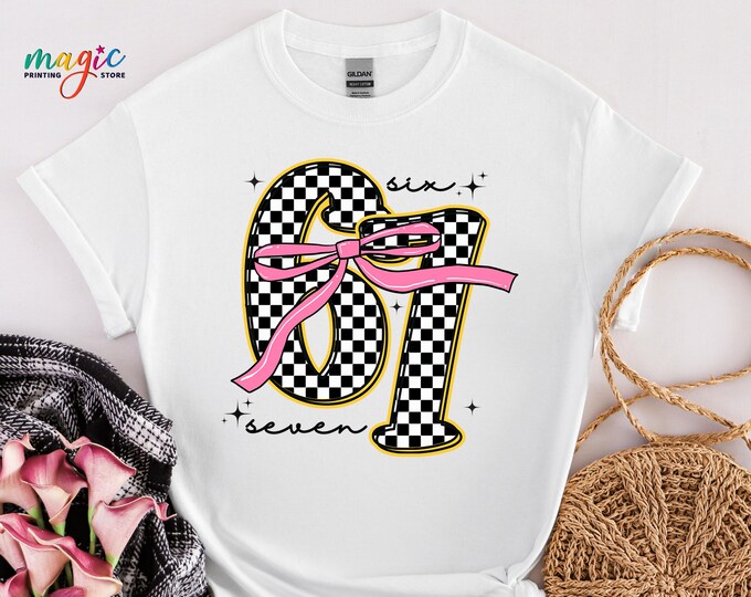 Coquette Six Seven Checkered Shirt, 6 7 Gen Alpha Meme Top, Funny Viral Saying Tshirt, Internet Humor Tee