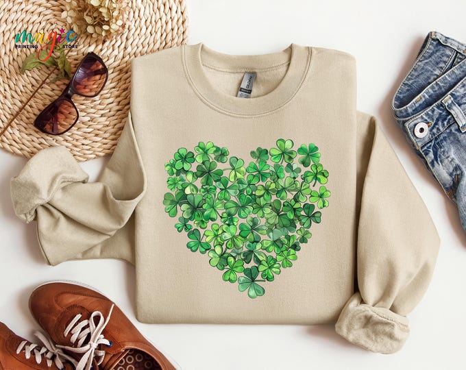 St. Patrick's Day Shamrock Heart Sweatshirt, Lucky Clover Heart Sweater,Four Leaf Clover Hoodie, Irish Day Gift