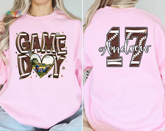 Personalized Football Game Day Sweatshirt, Photo Heart Sweater, Custom Name and Number, Sports Fan Gift
