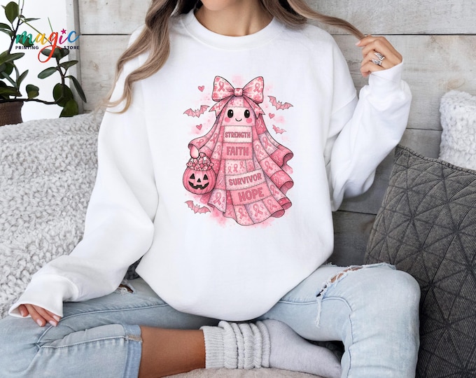 Breast Cancer Sweatshirt, Pink Ghost Sweater, In October We Wear Pink Sweatshirt, Coquette Breast Cancer Gift, Preppy Pink Ribbon Sweatshirt