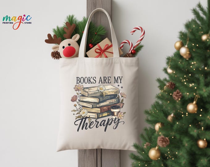 Books are My Therapy Tote Bag, Floral Bookworm Canvas Tote, Retro Librarian Shoulder Bag, Book Lover Gift