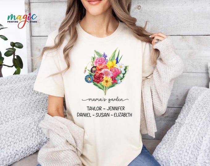 Custom Mama's Garden Shirt with Kids Names, Birth Flower Shirt for Grandma, Personalized Mothers Day Gift
