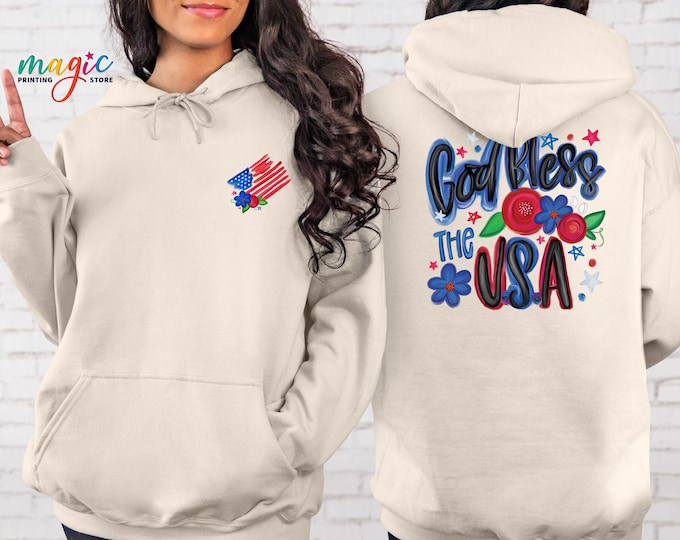 God Bless the USA Hoodie, Patriotic Floral American Flag Sweatshirt, USA Pride Gift, Floral Fourth of July Shirt